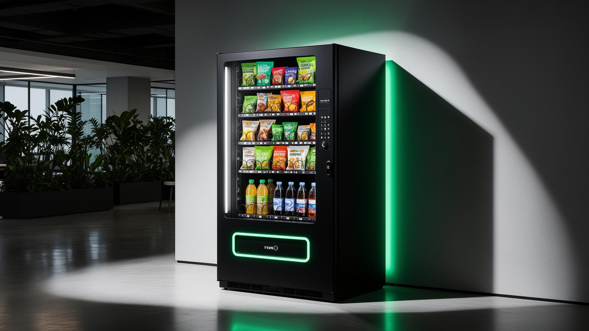 Sleek 732Plus vending machine with neon mint glow in a modern lobby
